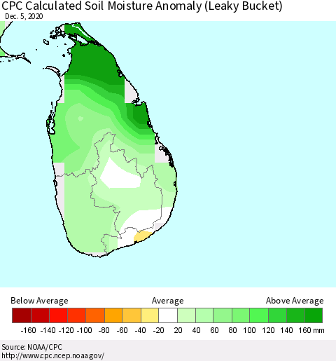 Sri Lanka CPC Soil Moisture Departure from Normal (Leaky Bucket) Thematic Map For 12/1/2020 - 12/5/2020