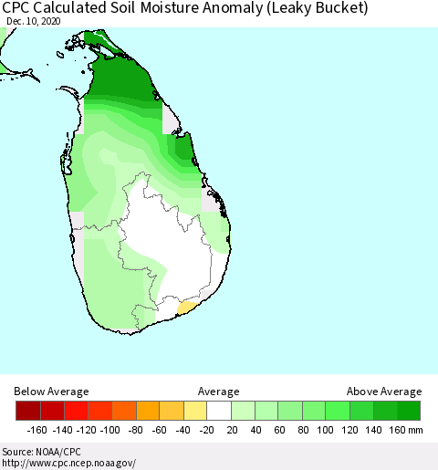 Sri Lanka CPC Soil Moisture Departure from Normal (Leaky Bucket) Thematic Map For 12/6/2020 - 12/10/2020