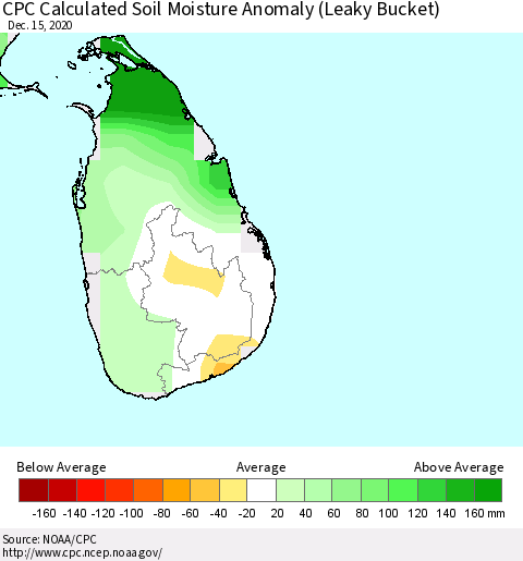 Sri Lanka CPC Calculated Soil Moisture Anomaly (Leaky Bucket) Thematic Map For 12/11/2020 - 12/15/2020