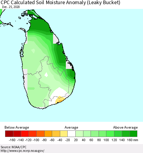 Sri Lanka CPC Soil Moisture Departure from Normal (Leaky Bucket) Thematic Map For 12/21/2020 - 12/25/2020