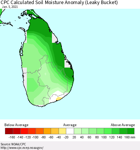 Sri Lanka CPC Soil Moisture Anomaly (Leaky Bucket) Thematic Map For 1/1/2021 - 1/5/2021