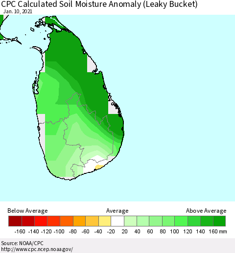 Sri Lanka CPC Soil Moisture Departure from Normal (Leaky Bucket) Thematic Map For 1/6/2021 - 1/10/2021
