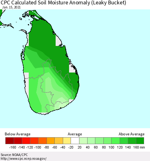 Sri Lanka CPC Soil Moisture Anomaly (Leaky Bucket) Thematic Map For 1/11/2021 - 1/15/2021