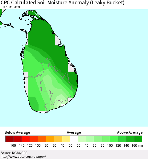 Sri Lanka CPC Soil Moisture Departure from Normal (Leaky Bucket) Thematic Map For 1/16/2021 - 1/20/2021