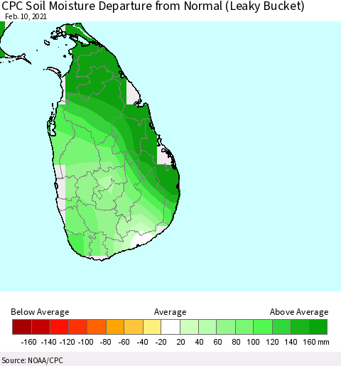 Sri Lanka CPC Calculated Soil Moisture Anomaly (Leaky Bucket) Thematic Map For 2/6/2021 - 2/10/2021