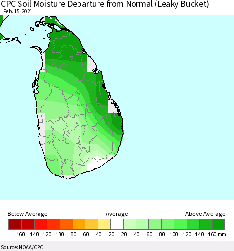 Sri Lanka CPC Calculated Soil Moisture Anomaly (Leaky Bucket) Thematic Map For 2/11/2021 - 2/15/2021