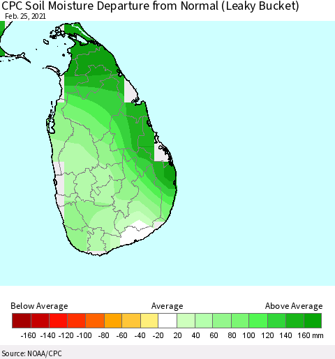 Sri Lanka CPC Calculated Soil Moisture Anomaly (Leaky Bucket) Thematic Map For 2/21/2021 - 2/25/2021