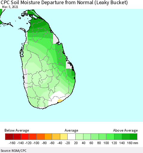 Sri Lanka CPC Calculated Soil Moisture Anomaly (Leaky Bucket) Thematic Map For 3/1/2021 - 3/5/2021