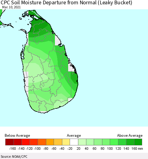 Sri Lanka CPC Calculated Soil Moisture Anomaly (Leaky Bucket) Thematic Map For 3/6/2021 - 3/10/2021