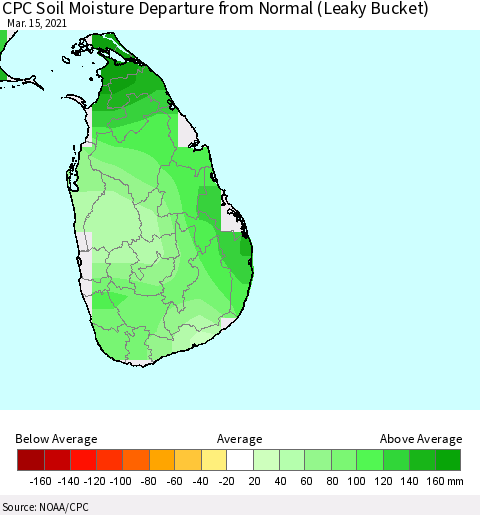 Sri Lanka CPC Soil Moisture Departure from Normal (Leaky Bucket) Thematic Map For 3/11/2021 - 3/15/2021