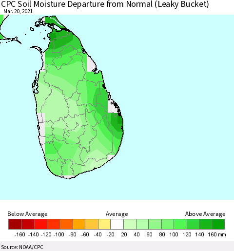 Sri Lanka CPC Soil Moisture Anomaly (Leaky Bucket) Thematic Map For 3/16/2021 - 3/20/2021