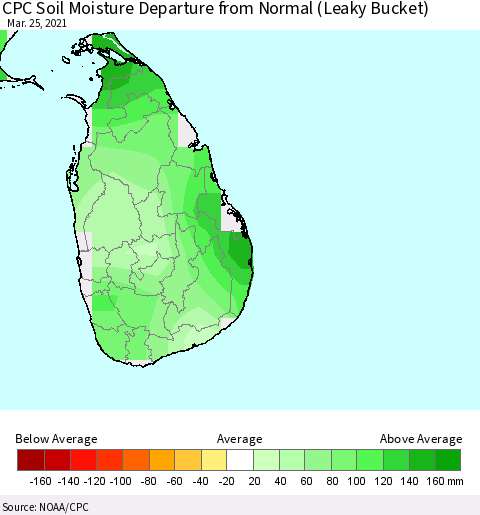 Sri Lanka CPC Calculated Soil Moisture Anomaly (Leaky Bucket) Thematic Map For 3/21/2021 - 3/25/2021