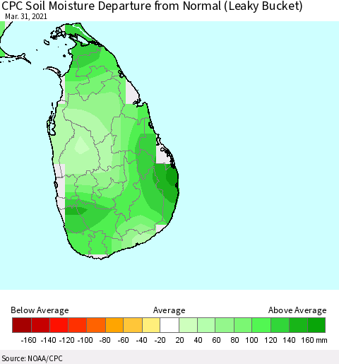 Sri Lanka CPC Calculated Soil Moisture Anomaly (Leaky Bucket) Thematic Map For 3/26/2021 - 3/31/2021