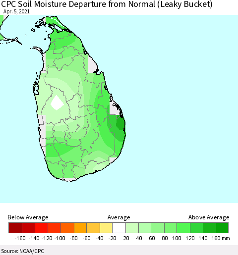 Sri Lanka CPC Calculated Soil Moisture Anomaly (Leaky Bucket) Thematic Map For 4/1/2021 - 4/5/2021