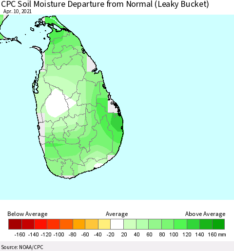Sri Lanka CPC Soil Moisture Departure from Normal (Leaky Bucket) Thematic Map For 4/6/2021 - 4/10/2021