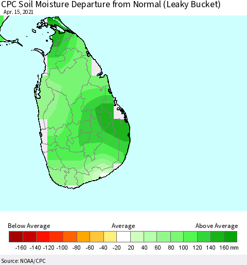 Sri Lanka CPC Soil Moisture Departure from Normal (Leaky Bucket) Thematic Map For 4/11/2021 - 4/15/2021