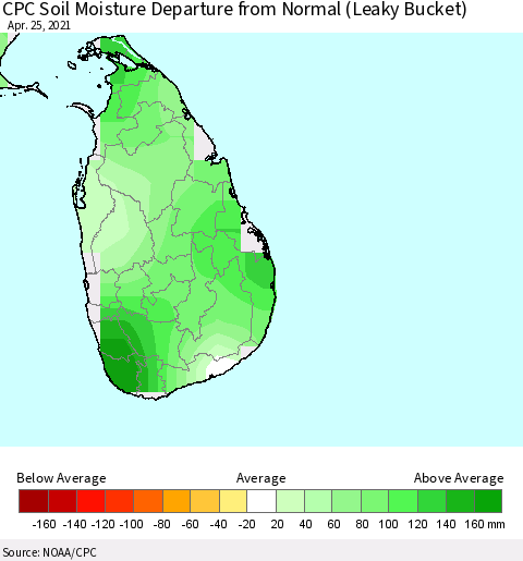 Sri Lanka CPC Calculated Soil Moisture Anomaly (Leaky Bucket) Thematic Map For 4/21/2021 - 4/25/2021