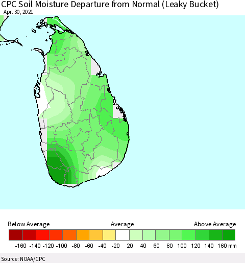 Sri Lanka CPC Soil Moisture Departure from Normal (Leaky Bucket) Thematic Map For 4/26/2021 - 4/30/2021