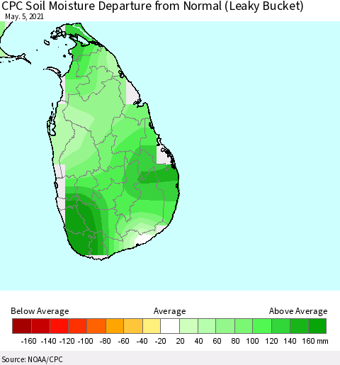 Sri Lanka CPC Calculated Soil Moisture Anomaly (Leaky Bucket) Thematic Map For 5/1/2021 - 5/5/2021