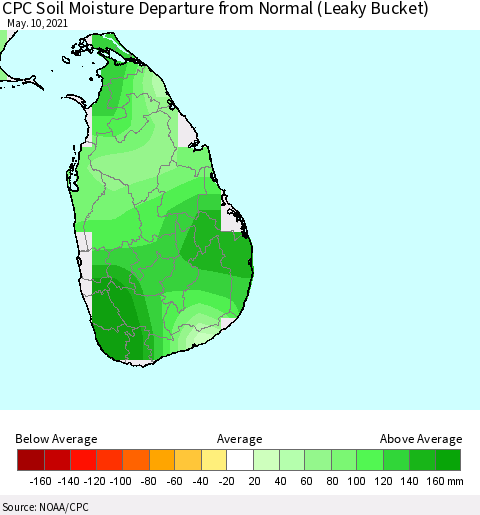 Sri Lanka CPC Soil Moisture Departure from Normal (Leaky Bucket) Thematic Map For 5/6/2021 - 5/10/2021