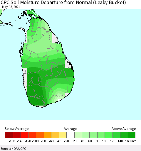 Sri Lanka CPC Calculated Soil Moisture Anomaly (Leaky Bucket) Thematic Map For 5/11/2021 - 5/15/2021