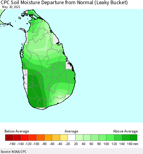 Sri Lanka CPC Calculated Soil Moisture Anomaly (Leaky Bucket) Thematic Map For 5/16/2021 - 5/20/2021