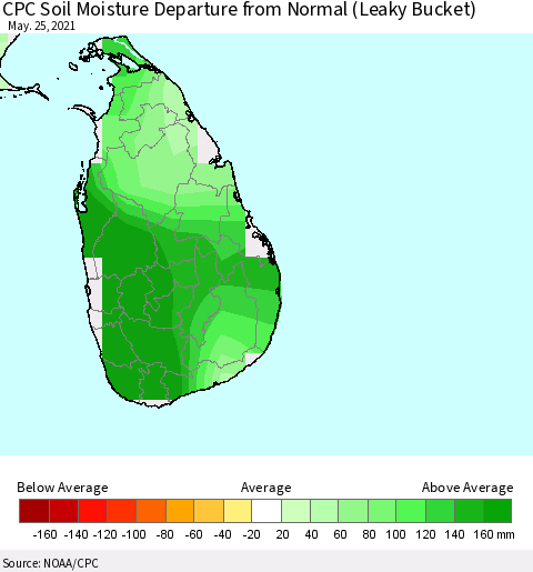 Sri Lanka CPC Calculated Soil Moisture Anomaly (Leaky Bucket) Thematic Map For 5/21/2021 - 5/25/2021