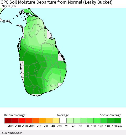 Sri Lanka CPC Calculated Soil Moisture Anomaly (Leaky Bucket) Thematic Map For 5/26/2021 - 5/31/2021