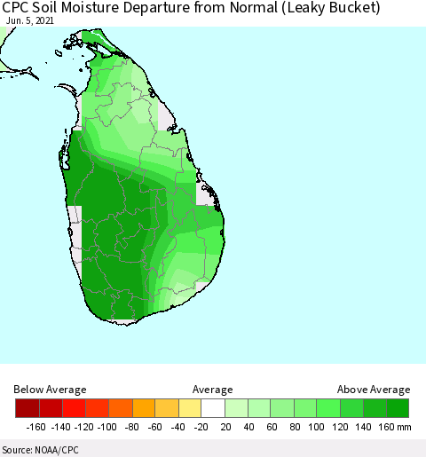 Sri Lanka CPC Soil Moisture Departure from Normal (Leaky Bucket) Thematic Map For 6/1/2021 - 6/5/2021