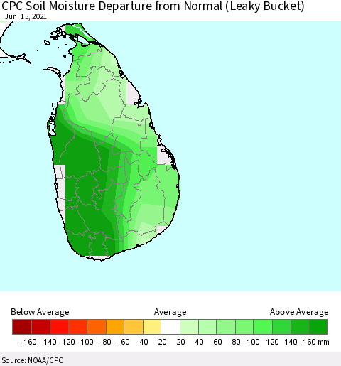 Sri Lanka CPC Calculated Soil Moisture Anomaly (Leaky Bucket) Thematic Map For 6/11/2021 - 6/15/2021