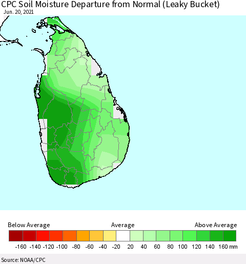 Sri Lanka CPC Soil Moisture Departure from Normal (Leaky Bucket) Thematic Map For 6/16/2021 - 6/20/2021