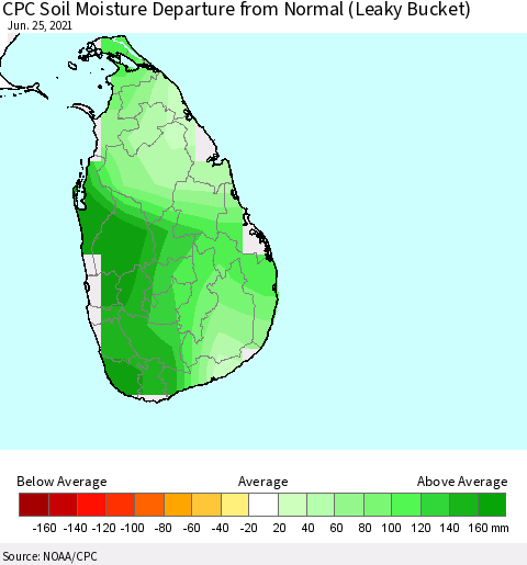 Sri Lanka CPC Calculated Soil Moisture Anomaly (Leaky Bucket) Thematic Map For 6/21/2021 - 6/25/2021