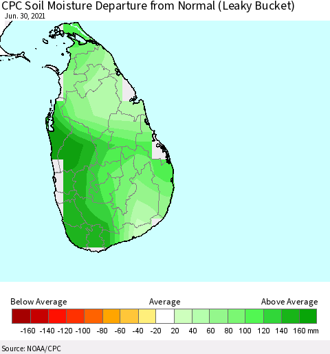 Sri Lanka CPC Calculated Soil Moisture Anomaly (Leaky Bucket) Thematic Map For 6/26/2021 - 6/30/2021