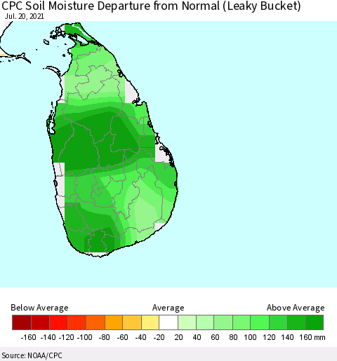 Sri Lanka CPC Calculated Soil Moisture Anomaly (Leaky Bucket) Thematic Map For 7/16/2021 - 7/20/2021