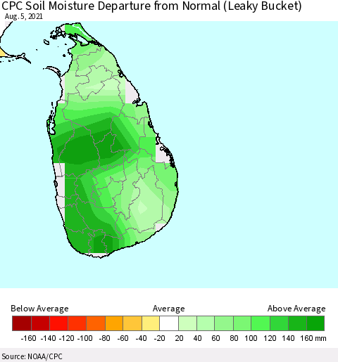Sri Lanka CPC Calculated Soil Moisture Anomaly (Leaky Bucket) Thematic Map For 8/1/2021 - 8/5/2021