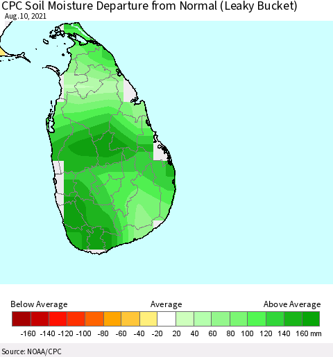Sri Lanka CPC Soil Moisture Departure from Normal (Leaky Bucket) Thematic Map For 8/6/2021 - 8/10/2021