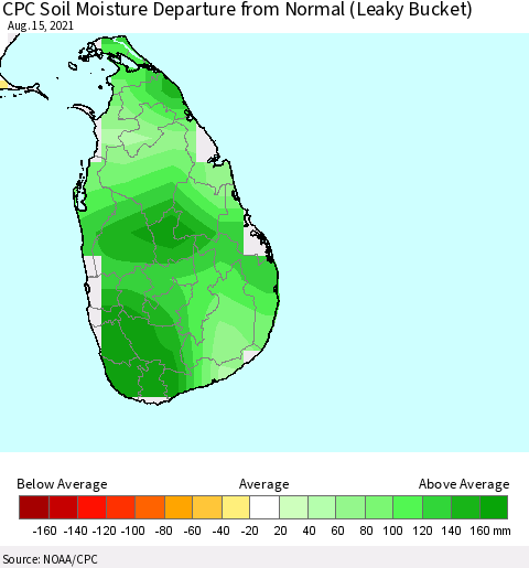 Sri Lanka CPC Calculated Soil Moisture Anomaly (Leaky Bucket) Thematic Map For 8/11/2021 - 8/15/2021