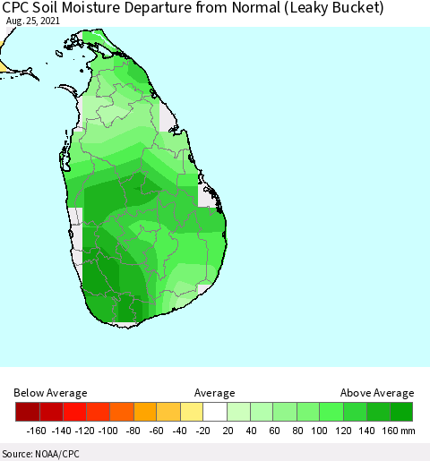 Sri Lanka CPC Soil Moisture Departure from Normal (Leaky Bucket) Thematic Map For 8/21/2021 - 8/25/2021