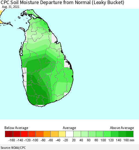 Sri Lanka CPC Calculated Soil Moisture Anomaly (Leaky Bucket) Thematic Map For 8/26/2021 - 8/31/2021