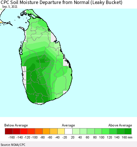 Sri Lanka CPC Calculated Soil Moisture Anomaly (Leaky Bucket) Thematic Map For 9/1/2021 - 9/5/2021