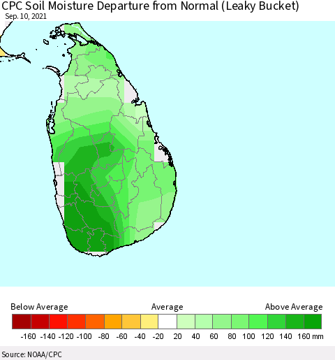 Sri Lanka CPC Soil Moisture Departure from Normal (Leaky Bucket) Thematic Map For 9/6/2021 - 9/10/2021