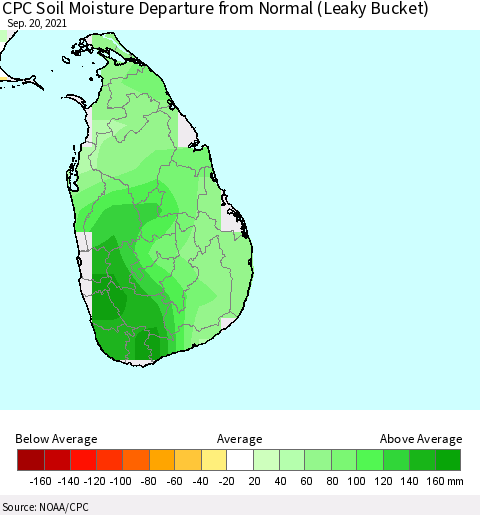 Sri Lanka CPC Calculated Soil Moisture Anomaly (Leaky Bucket) Thematic Map For 9/16/2021 - 9/20/2021