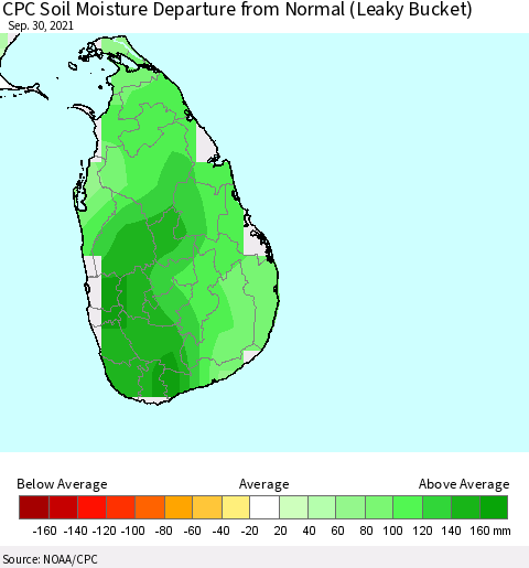 Sri Lanka CPC Calculated Soil Moisture Anomaly (Leaky Bucket) Thematic Map For 9/26/2021 - 9/30/2021