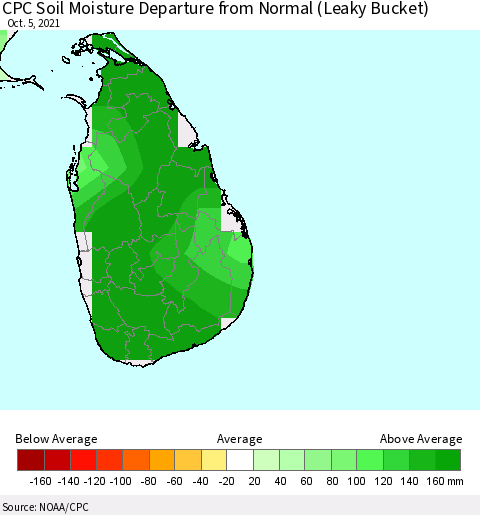 Sri Lanka CPC Soil Moisture Departure from Normal (Leaky Bucket) Thematic Map For 10/1/2021 - 10/5/2021