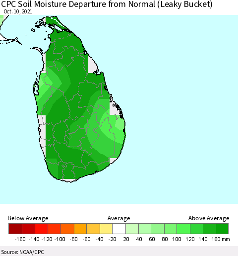 Sri Lanka CPC Soil Moisture Departure from Normal (Leaky Bucket) Thematic Map For 10/6/2021 - 10/10/2021