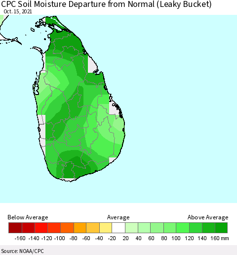 Sri Lanka CPC Soil Moisture Departure from Normal (Leaky Bucket) Thematic Map For 10/11/2021 - 10/15/2021