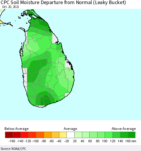 Sri Lanka CPC Calculated Soil Moisture Anomaly (Leaky Bucket) Thematic Map For 10/16/2021 - 10/20/2021