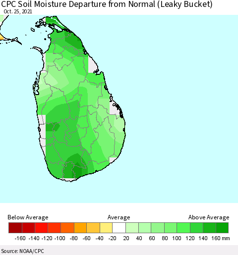 Sri Lanka CPC Soil Moisture Departure from Normal (Leaky Bucket) Thematic Map For 10/21/2021 - 10/25/2021
