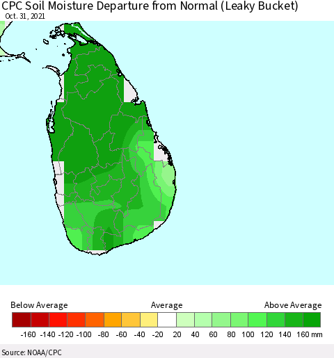 Sri Lanka CPC Soil Moisture Departure from Normal (Leaky Bucket) Thematic Map For 10/26/2021 - 10/31/2021