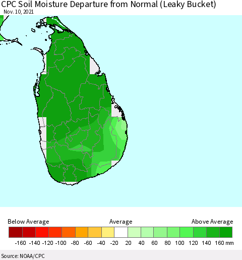 Sri Lanka CPC Calculated Soil Moisture Anomaly (Leaky Bucket) Thematic Map For 11/6/2021 - 11/10/2021